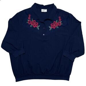 G.W. Vintage Floral Button Up Embroidered Navy Plus Western Long Sleeve Flower